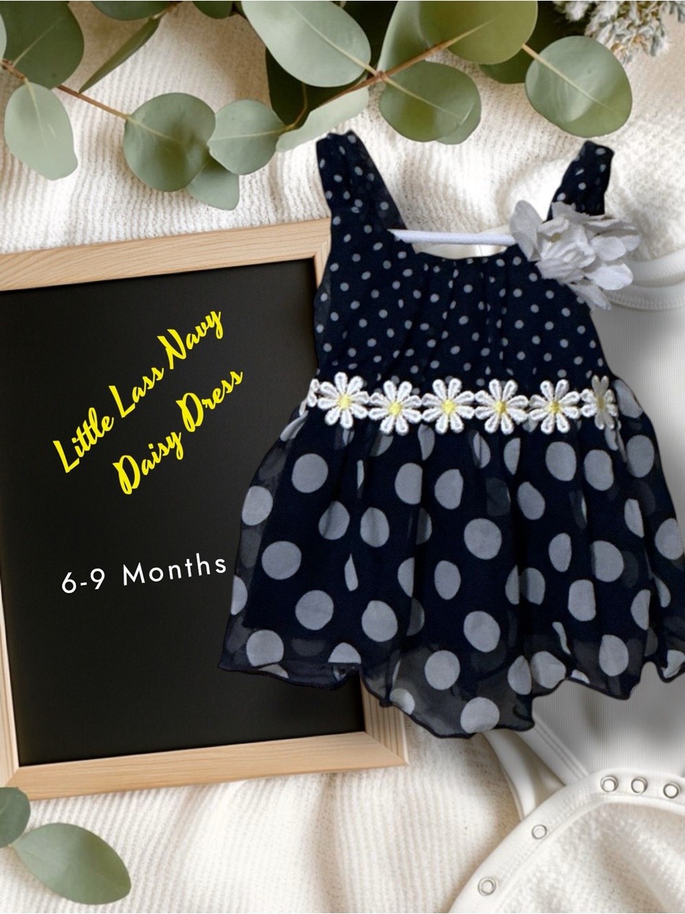 🌼Little Lass Navy and White Polka Dot Dress with Daisy Trim